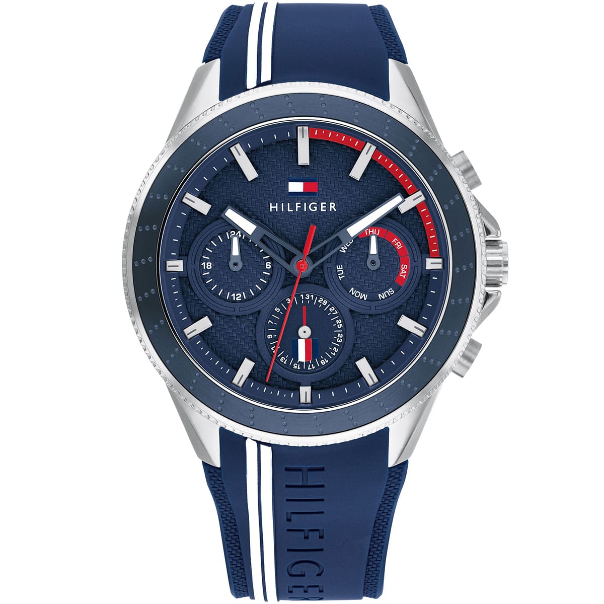 Tommy Hilfiger blue dial chronograph watch with blue silicone strap and silver case