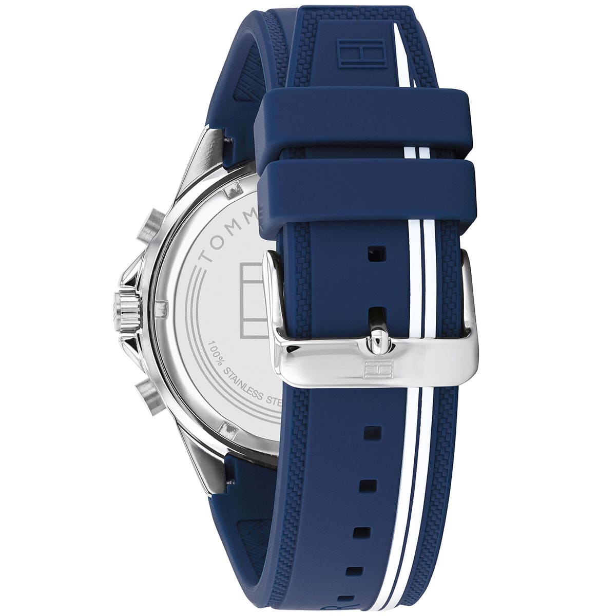 Side profile of Tommy Hilfiger chronograph watch showing case thickness and blue strap design