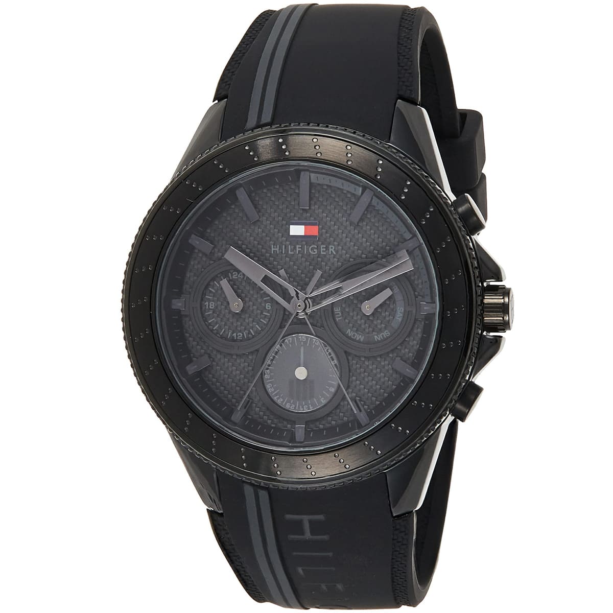 Tommy Hilfiger Aiden watch side angle showcasing black dial and chronograph subdials