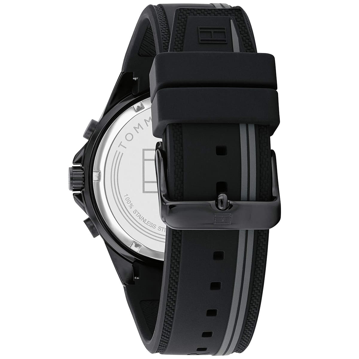 Tommy Hilfiger Aiden watch caseback showing black rubber strap and buckle detail