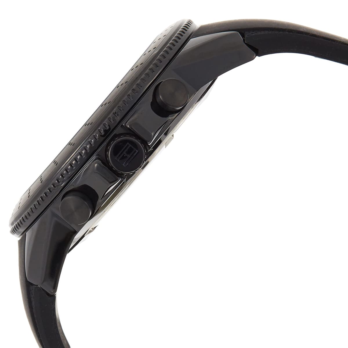 Tommy Hilfiger Aiden watch side profile displaying chronograph pushers and case thickness