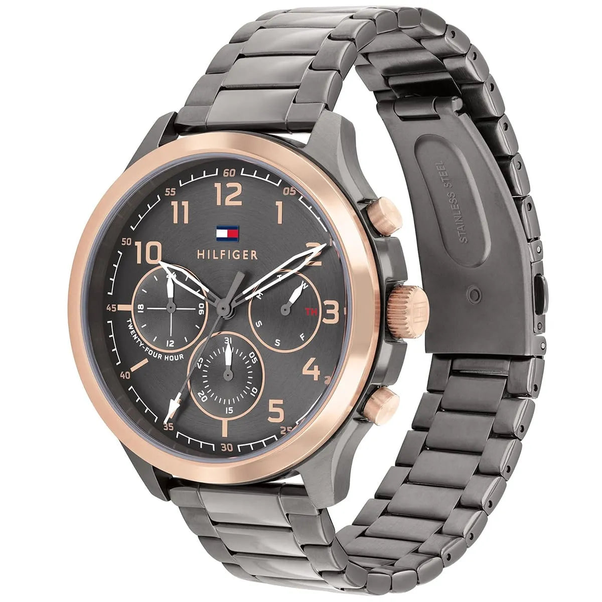 Three-quarter view of Tommy Hilfiger Asher watch with rose gold bezel and gunmetal bracelet