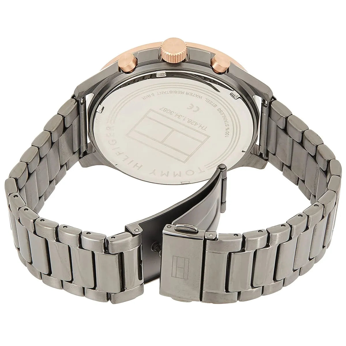 Tommy Hilfiger Asher watch caseback showing stainless steel gunmetal bracelet