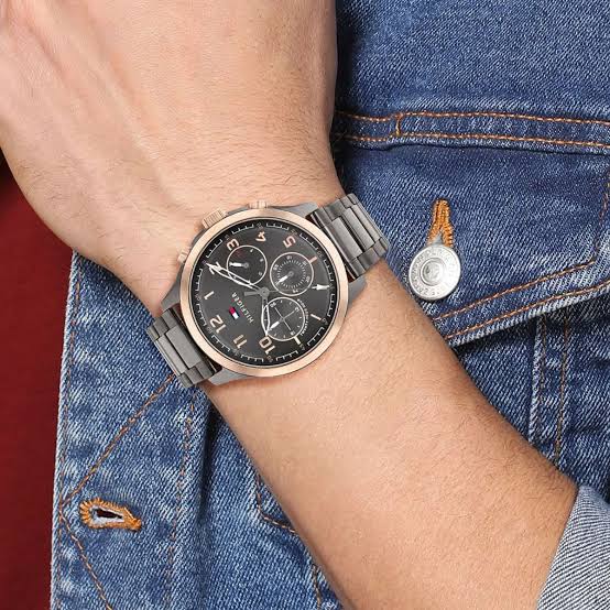 Tommy Hilfiger Asher chronograph watch worn on wrist with denim