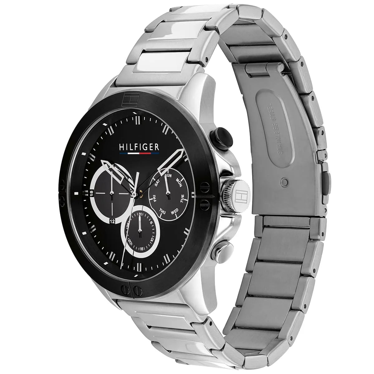 Tommy Hilfiger chronograph watch displayed at an angle showing black dial and silver metal strap