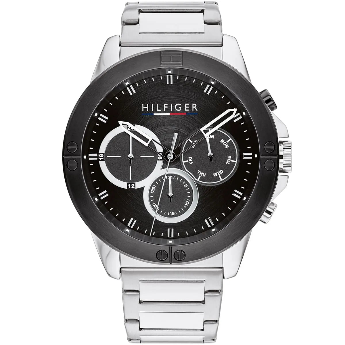 Tommy Hilfiger men's chronograph watch with black dial, stainless steel case and silver metal bracelet
