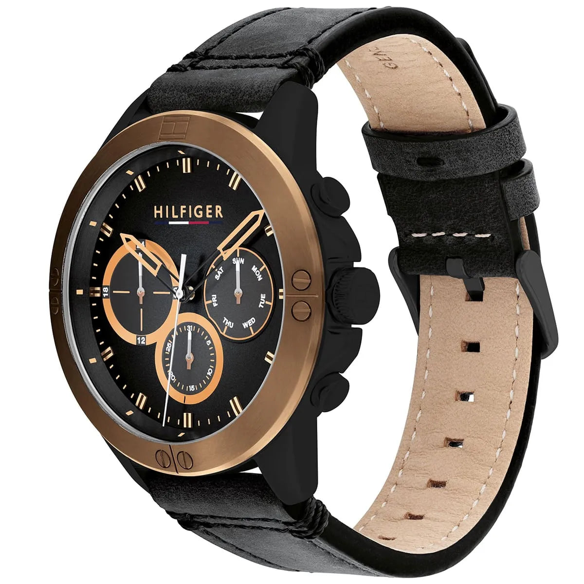 Angled view of Tommy Hilfiger chronograph with rose gold case, black dial, and leather strap