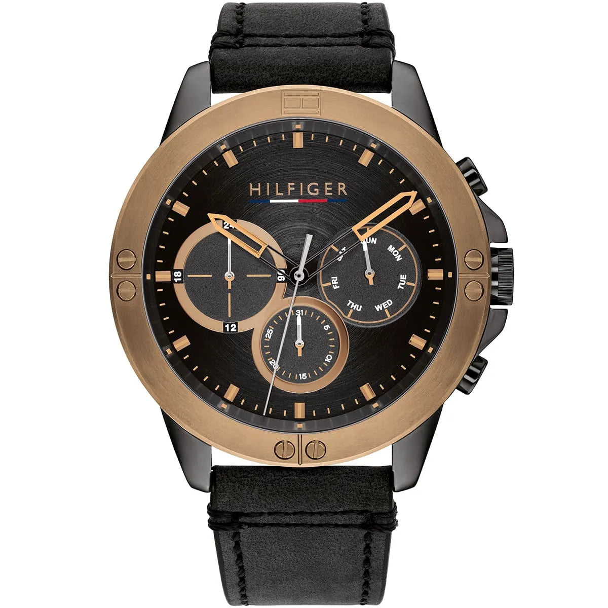 Tommy Hilfiger men's chronograph watch with black dial, rose gold bezel, and black leather strap