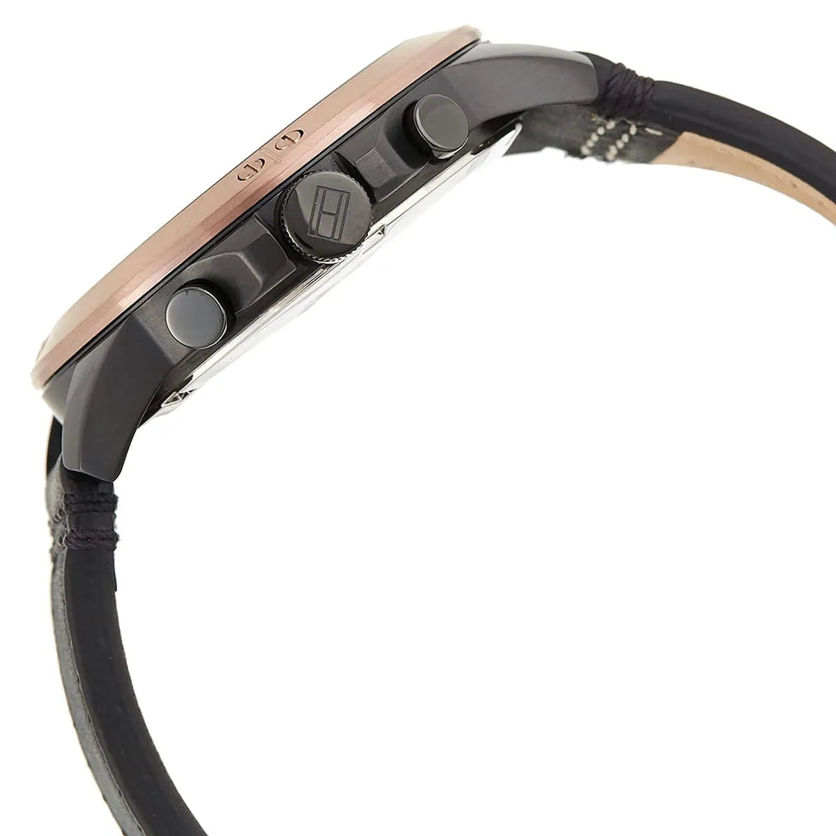 Side view of Tommy Hilfiger chronograph watch showing pushers and black leather strap