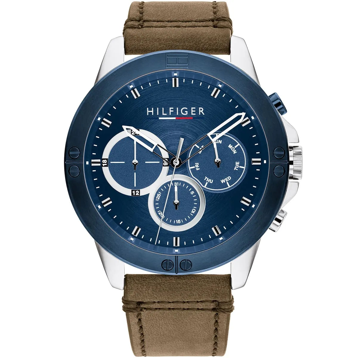 Tommy Hilfiger Harley men's watch with blue dial and brown leather strap, front view