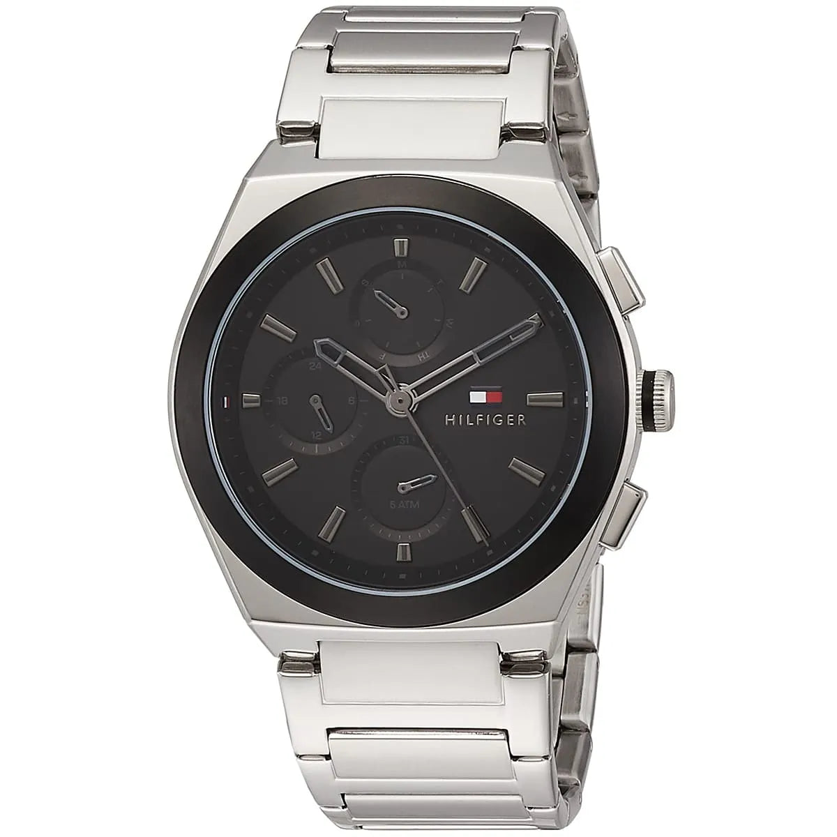 Tommy Hilfiger Connor watch from angled view showing black dial with chronograph subdials and silver metal band