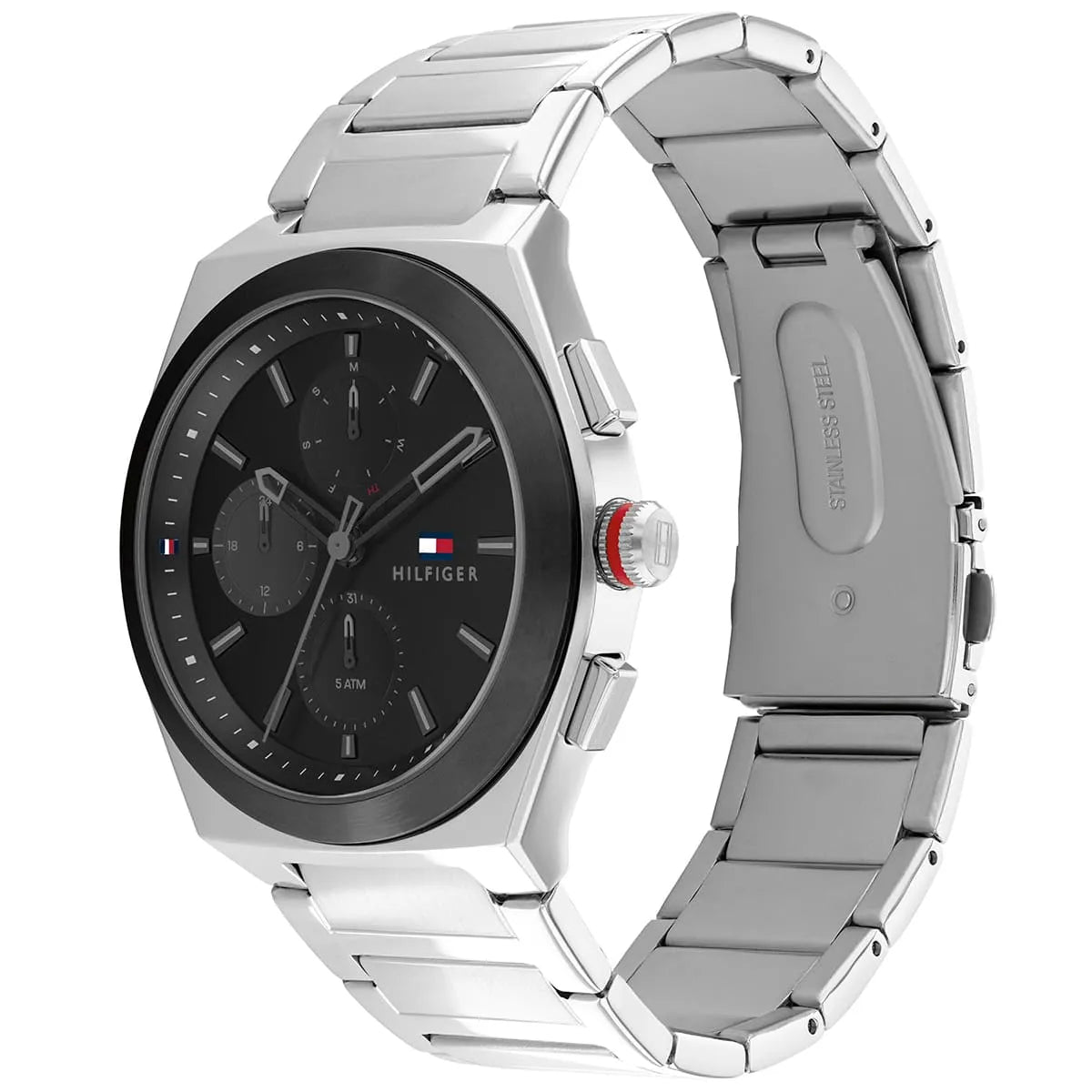 Side profile of Tommy Hilfiger Connor watch displaying silver stainless steel case and metal band