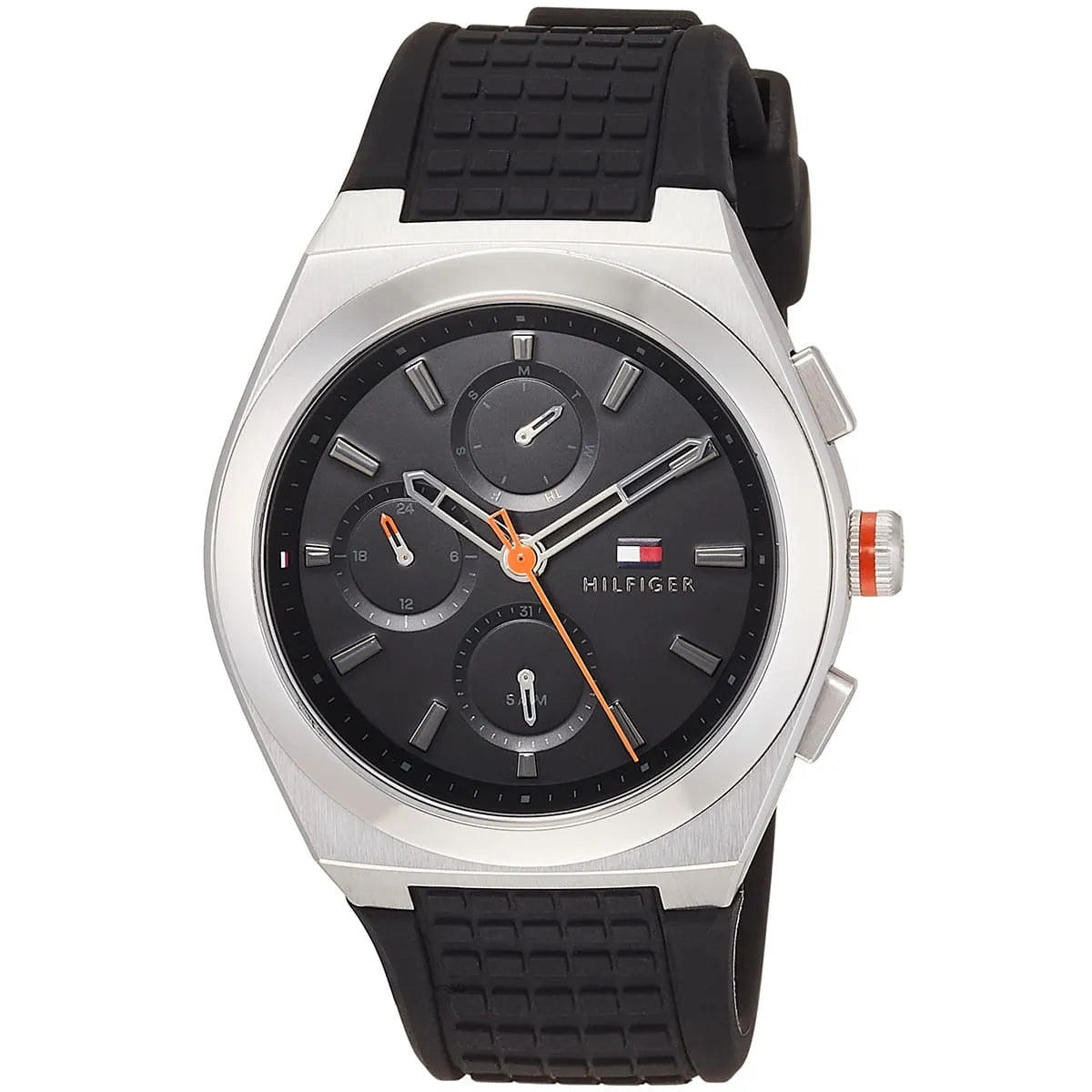 Tommy Hilfiger Connor watch from angled side view showing chronograph subdials and rubber strap