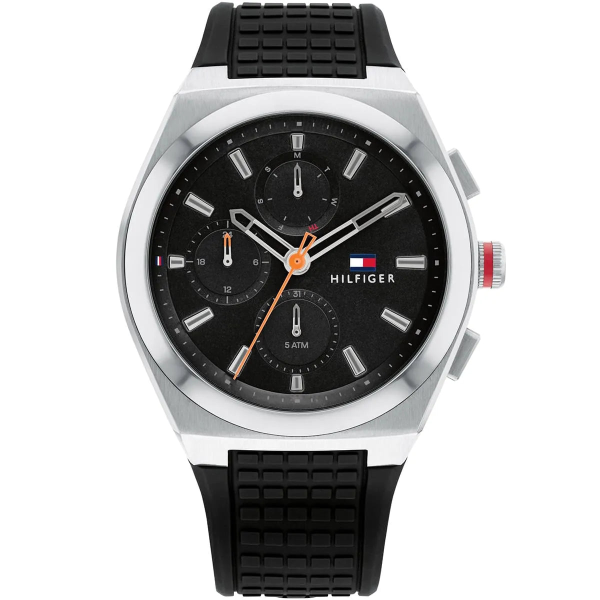 Tommy Hilfiger Connor men's watch with black dial, silver case, and black rubber strap