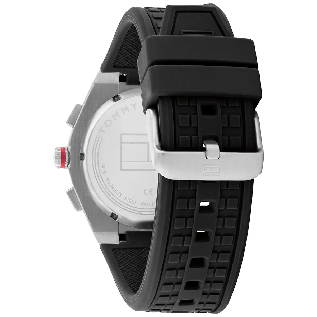 Tommy Hilfiger Connor watch showing black rubber strap detail and white case back