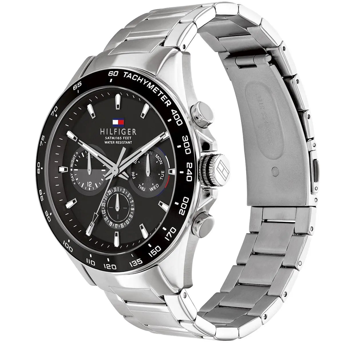 Angled view of Tommy Hilfiger Damon chronograph watch showing dial and metal band