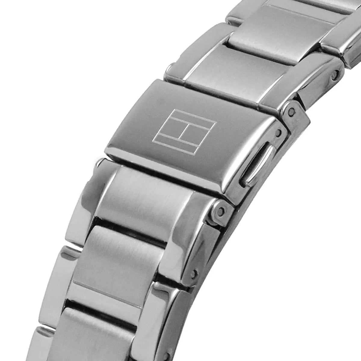 Close-up of Tommy Hilfiger Damon stainless steel bracelet and clasp