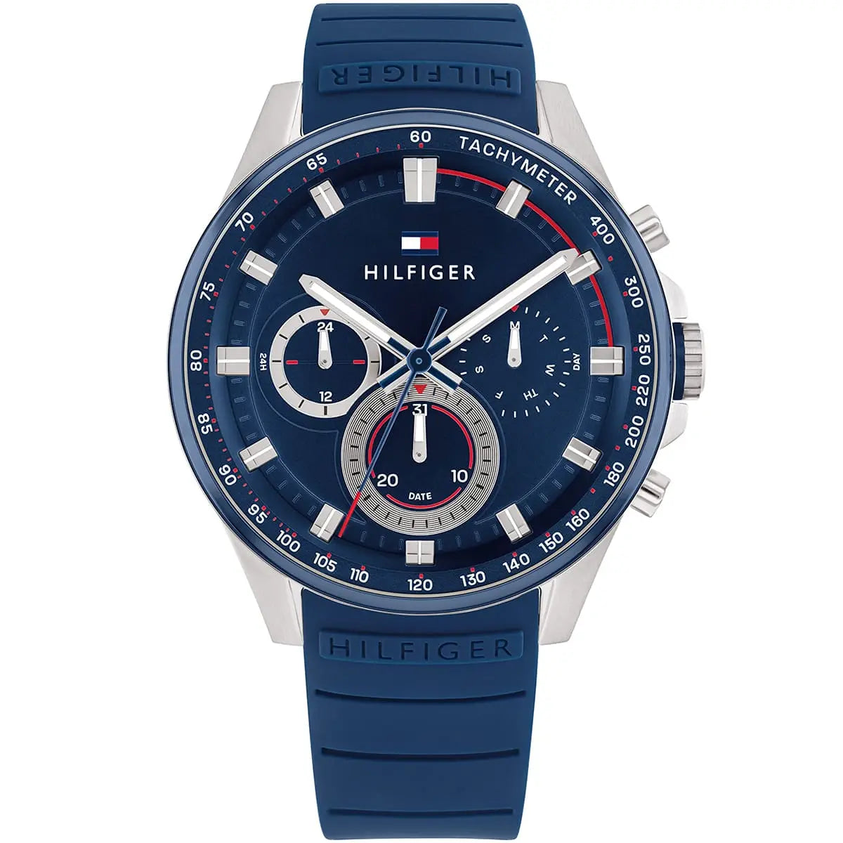 Tommy Hilfiger blue dial chronograph watch with stainless steel case and rubber strap