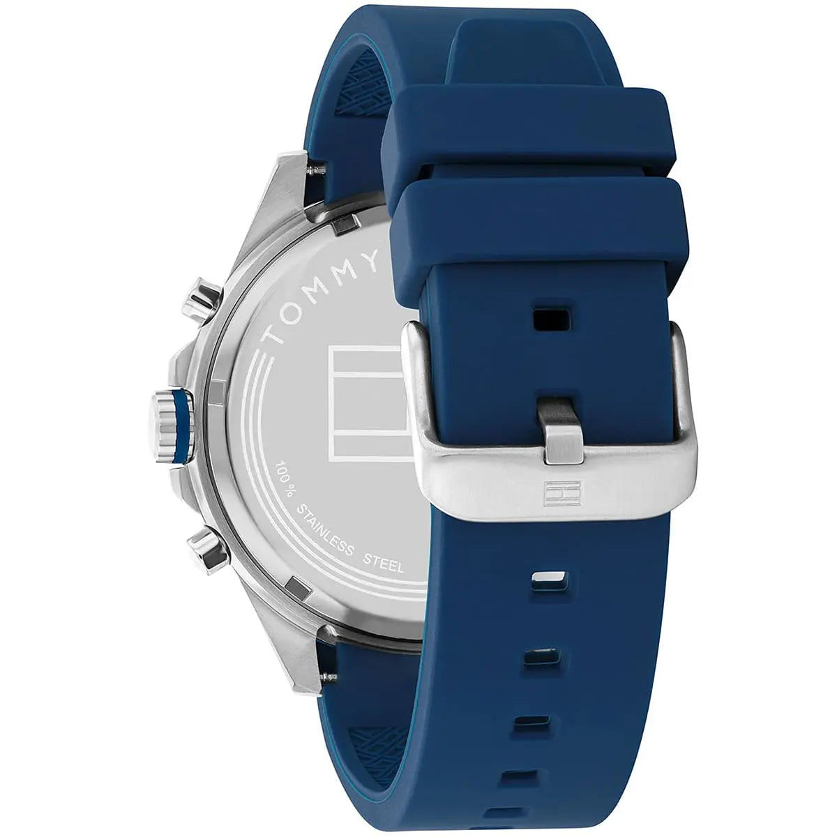 Tommy Hilfiger chronograph watch strap and buckle detail showing blue rubber construction