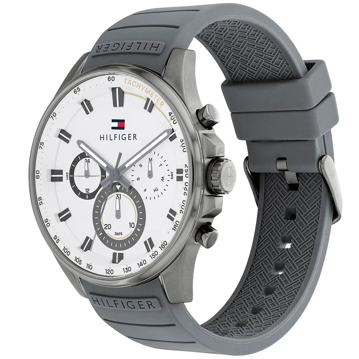 Tommy Hilfiger Max watch at 45-degree angle showing grey rubber strap