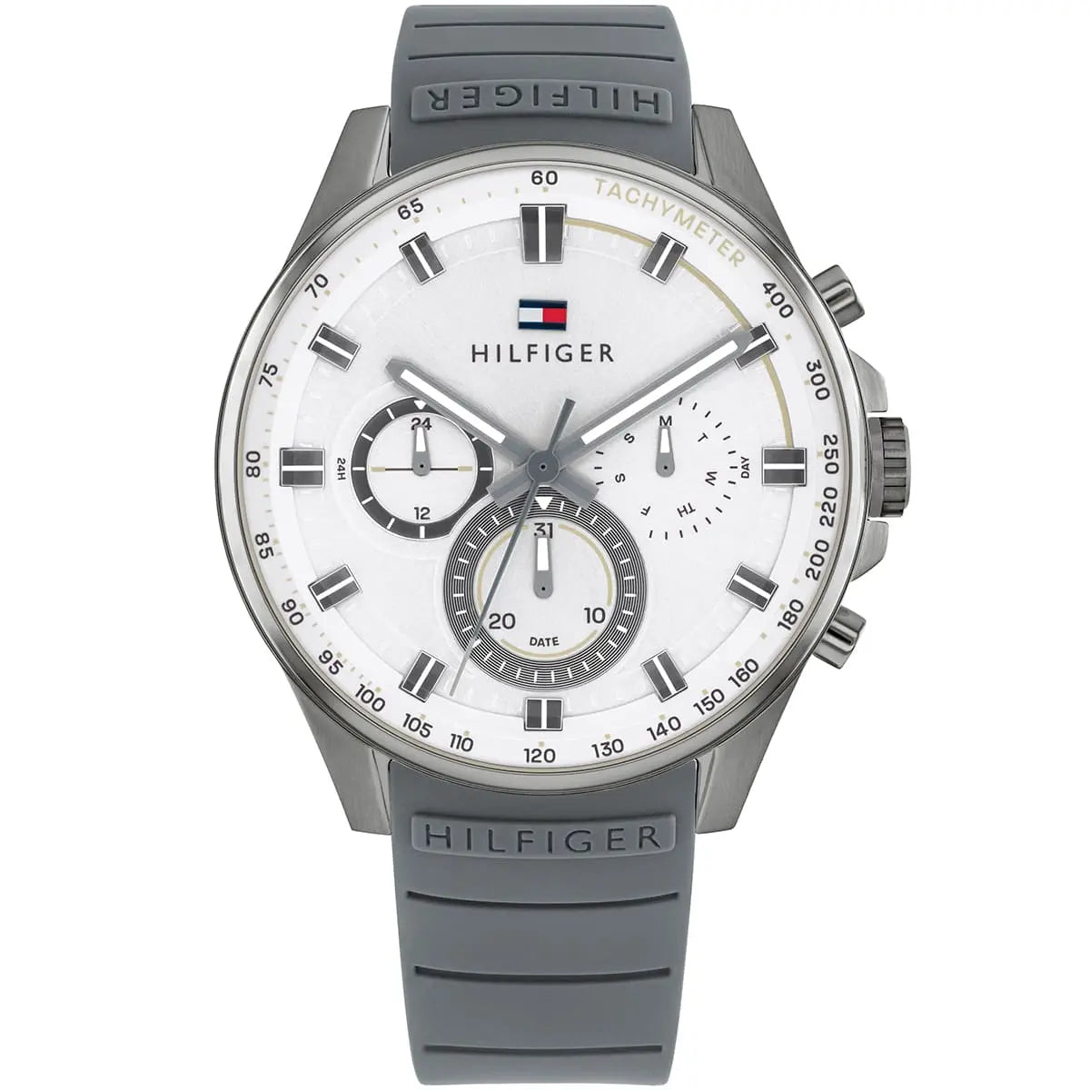Tommy Hilfiger Max grey chronograph watch with white dial and grey rubber strap