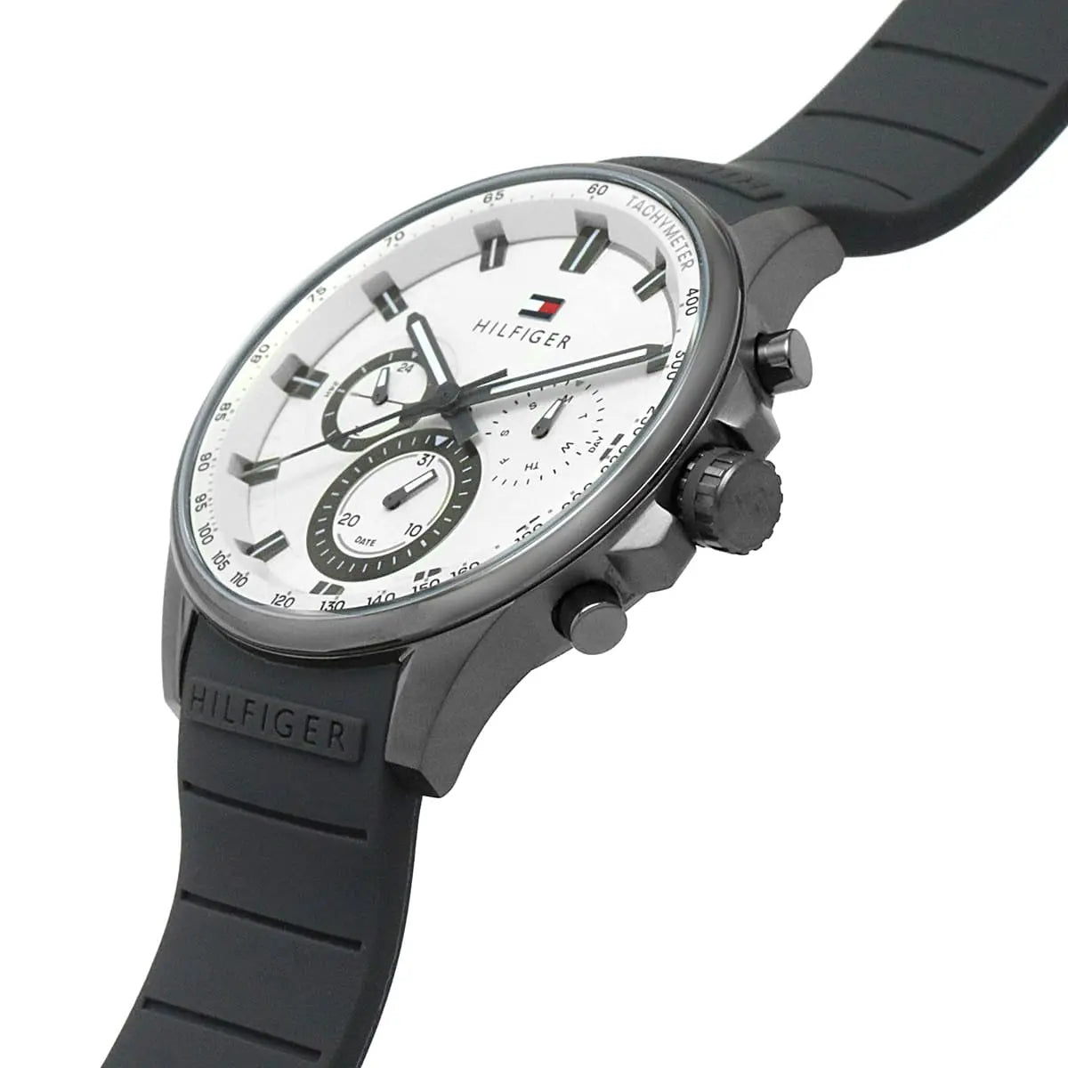 Tommy Hilfiger Max watch from side profile with grey rubber strap