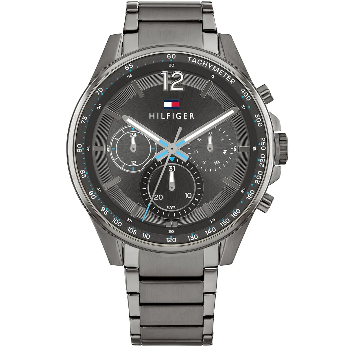 Tommy Hilfiger Max grey dial chronograph watch with stainless steel bracelet and tachymeter bezel