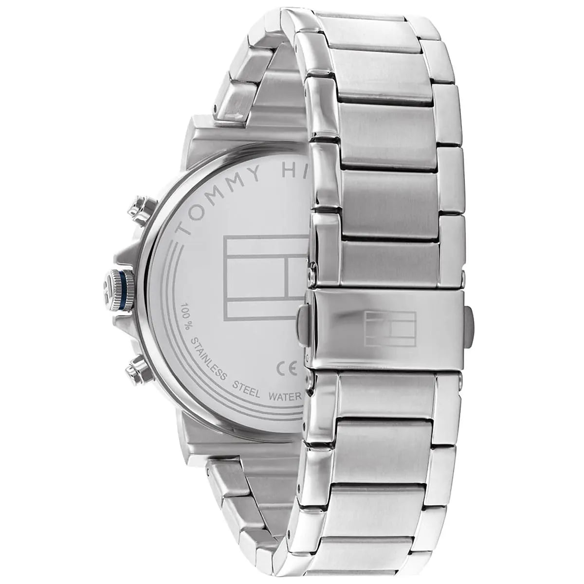Side view of Tommy Hilfiger 1791979 watch showing silver stainless steel bracelet and case profile