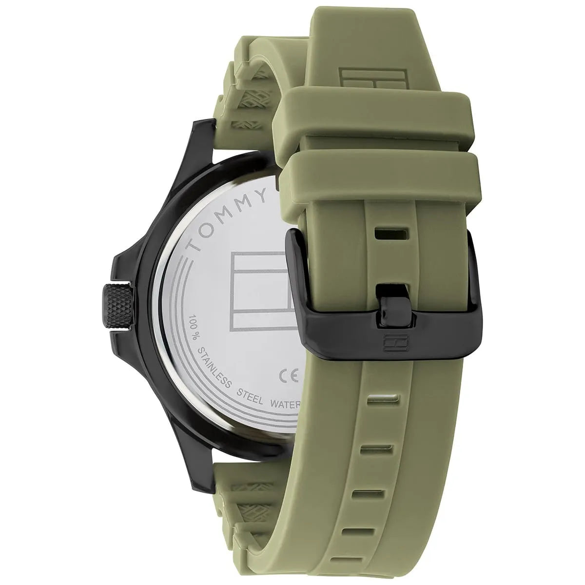 Case back of Tommy Hilfiger Ryan watch showing stainless steel and water resistance details