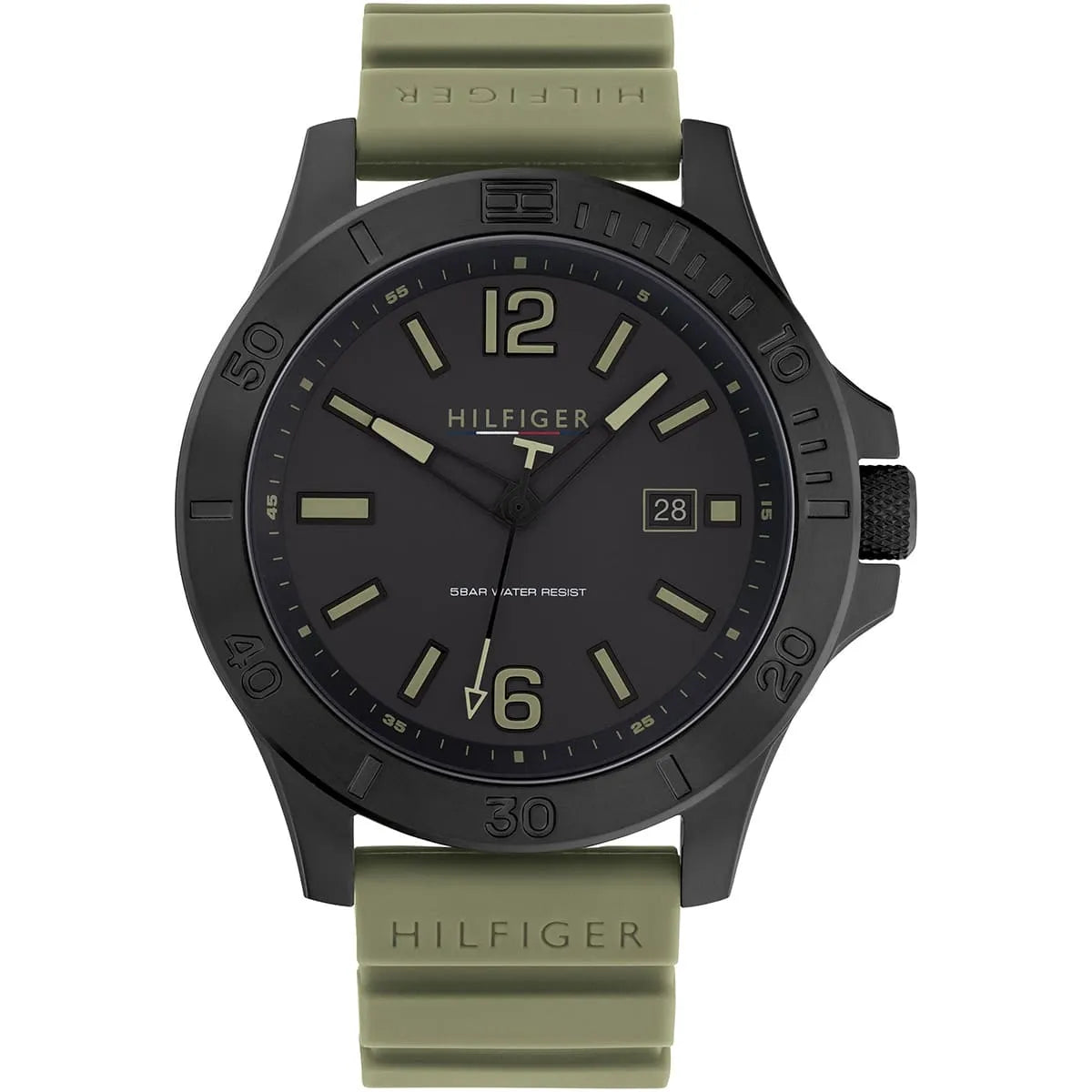 Tommy Hilfiger Ryan watch with black dial, gold indices, and olive green silicone strap