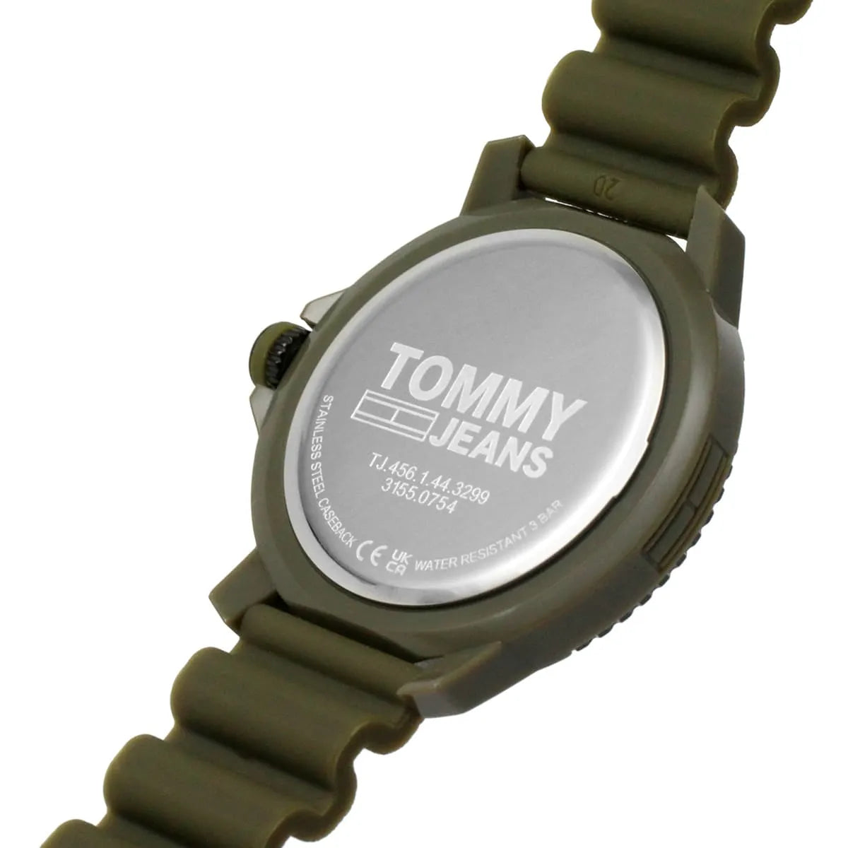 Close-up of Tommy Hilfiger Tokyo caseback with engraved logo and specifications