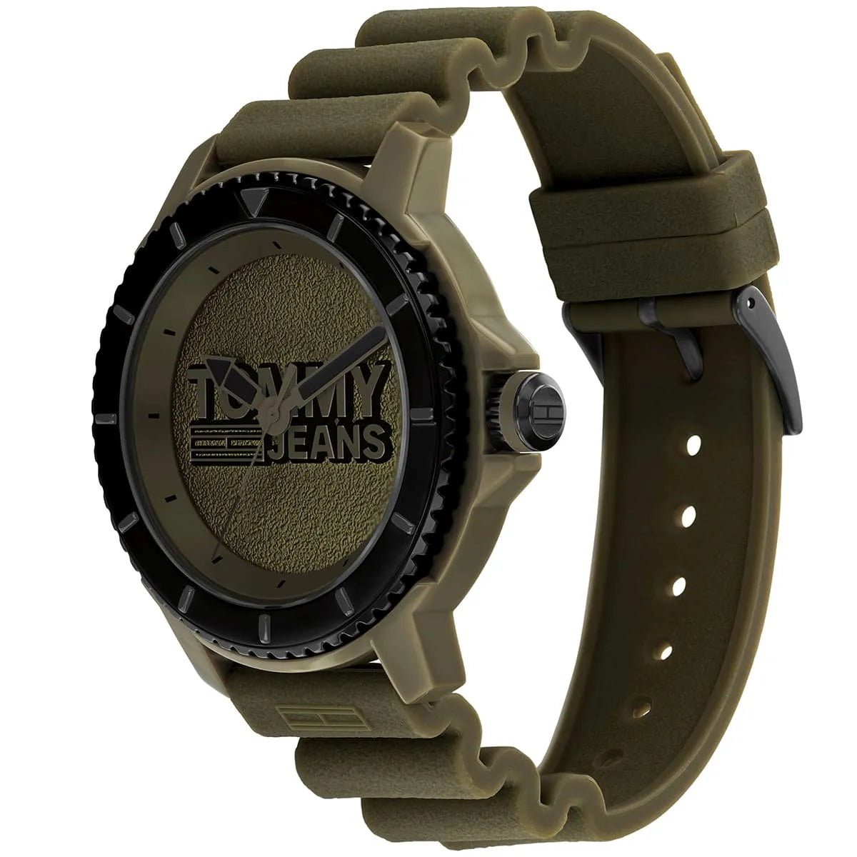 Tommy Hilfiger Tokyo watch side view showing green silicone strap with adjustment holes