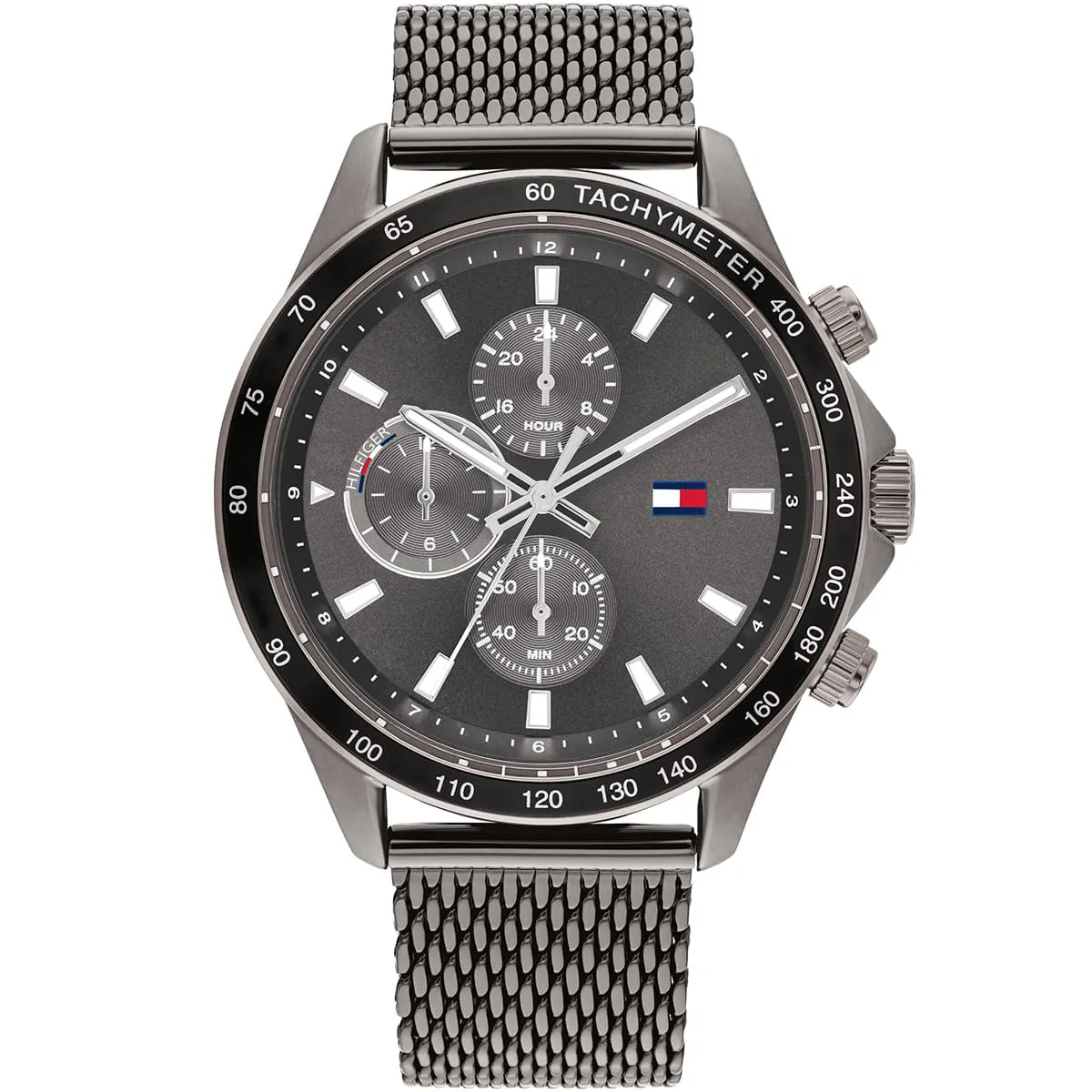 Tommy Hilfiger Miles men's chronograph watch with grey dial and steel mesh bracelet