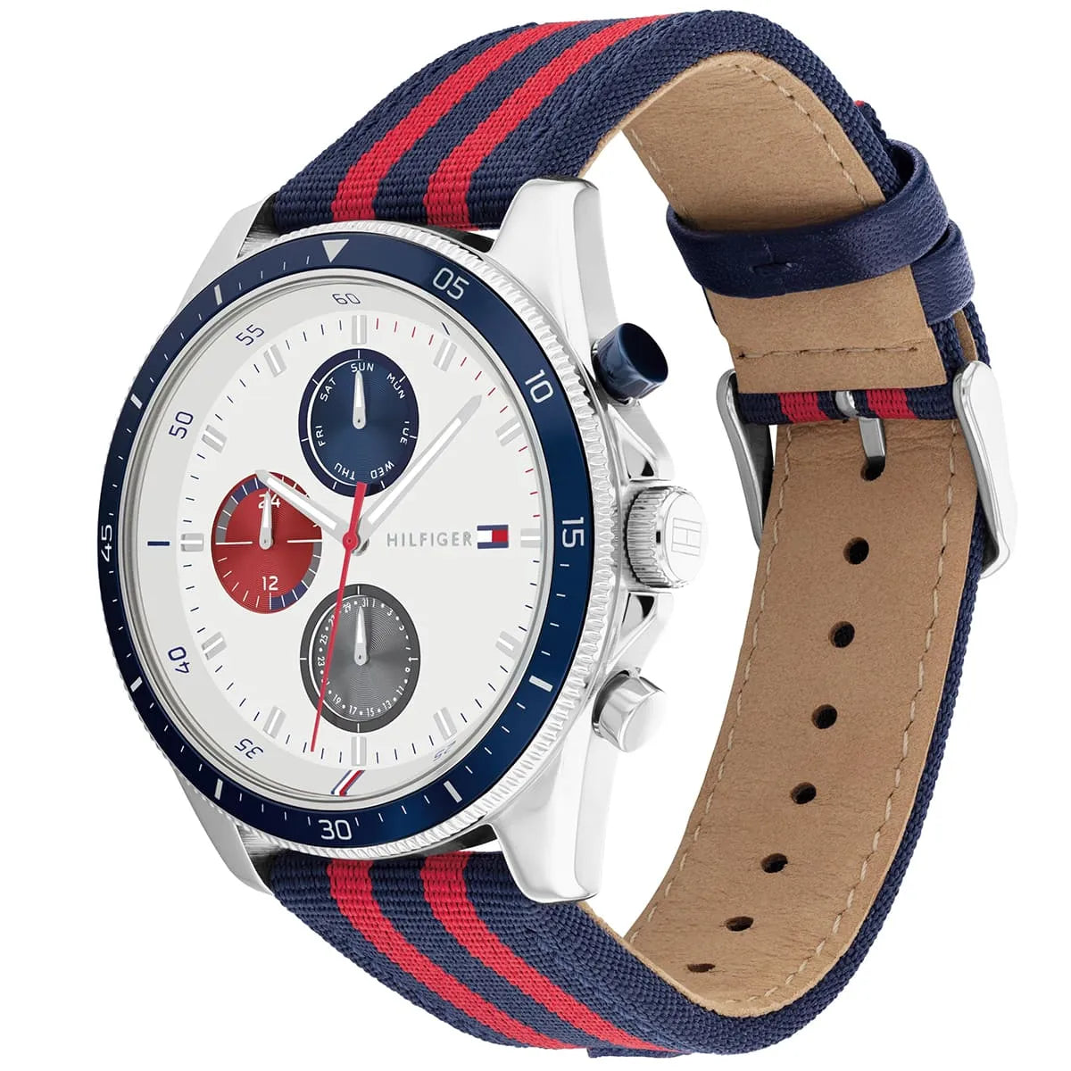 Tommy Hilfiger chronograph watch showing strap with tan leather underside and buckle