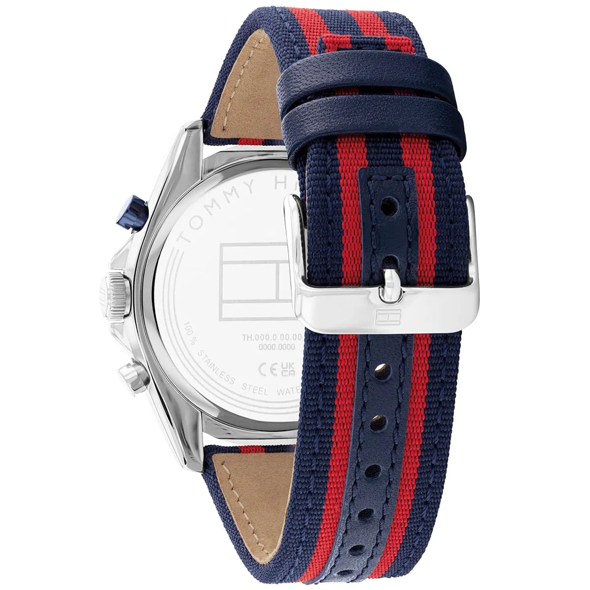 Tommy Hilfiger watch case back with engraved details and tan leather strap
