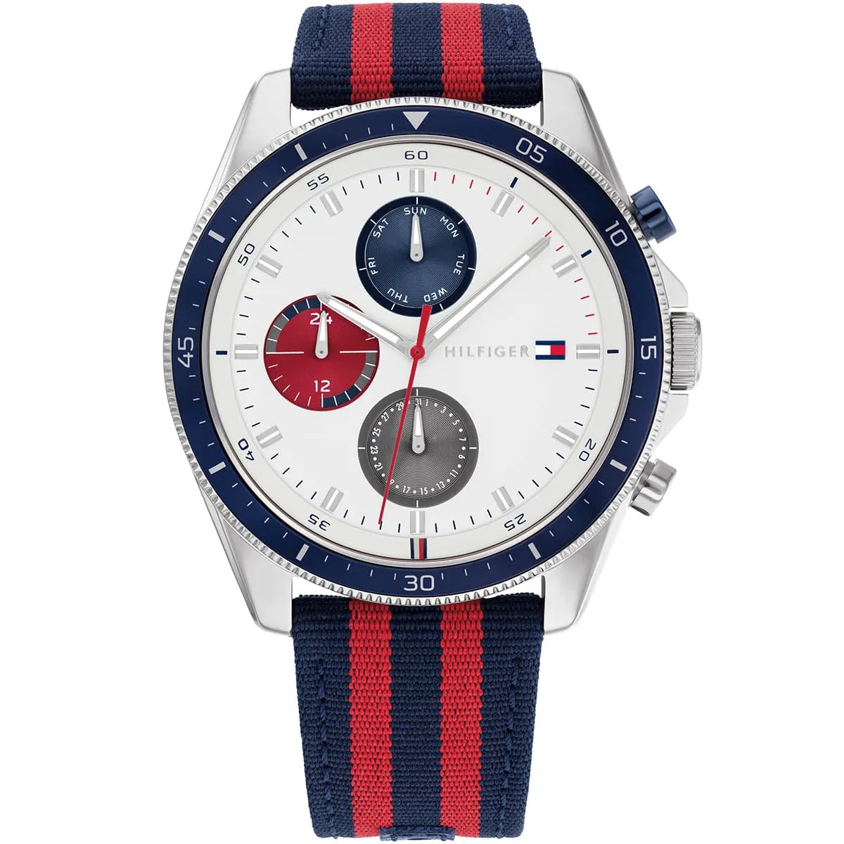 Tommy Hilfiger white dial chronograph watch with navy-red striped textile strap