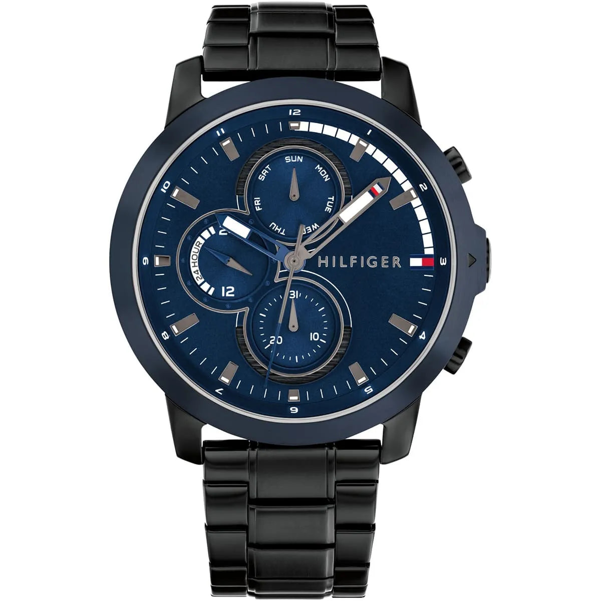 Tommy Hilfiger men's watch with blue dial, chronograph subdials, and black stainless steel bracelet