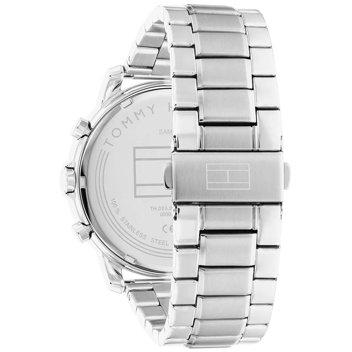 Tommy Hilfiger watch caseback showing stainless steel metal bracelet
