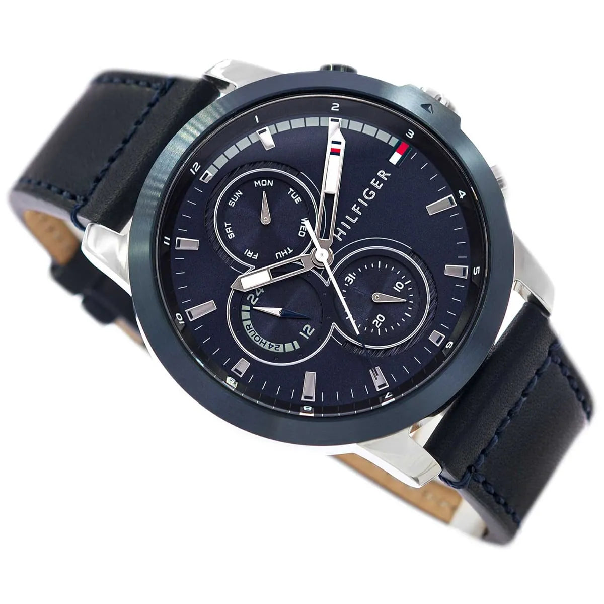 Tommy Hilfiger men's chronograph watch three-quarter view with blue dial and navy strap
