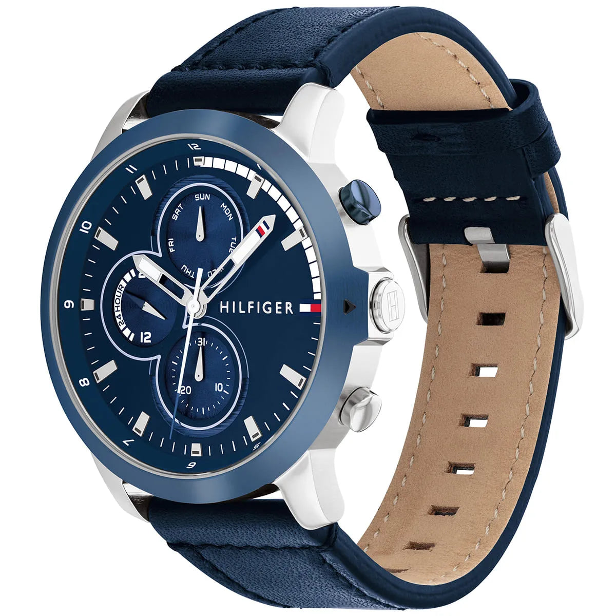Tommy Hilfiger chronograph watch side view showing tan leather and navy strap detail