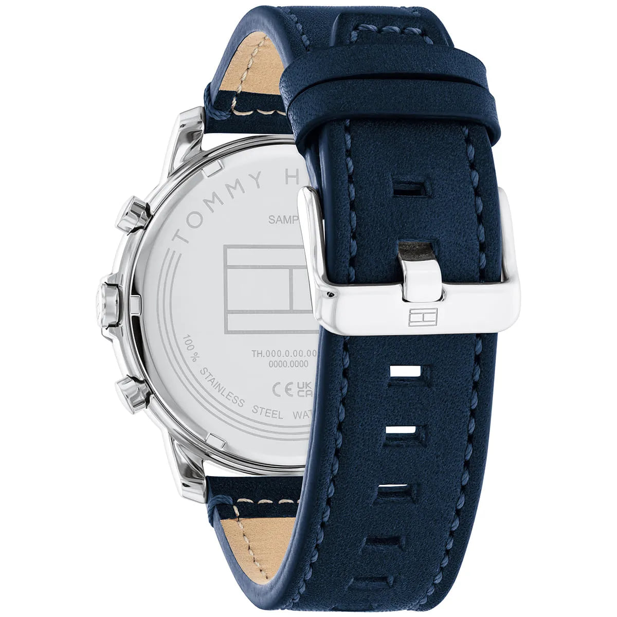 Tommy Hilfiger watch caseback showing steel case and engraved text with navy strap