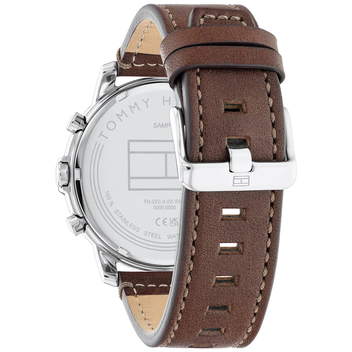 Caseback view of Tommy Hilfiger watch displaying steel case and brown leather strap