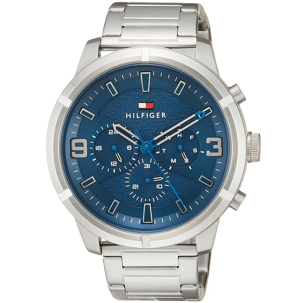 Tommy Hilfiger men's watch with blue dial and silver stainless steel strap, three-quarter view