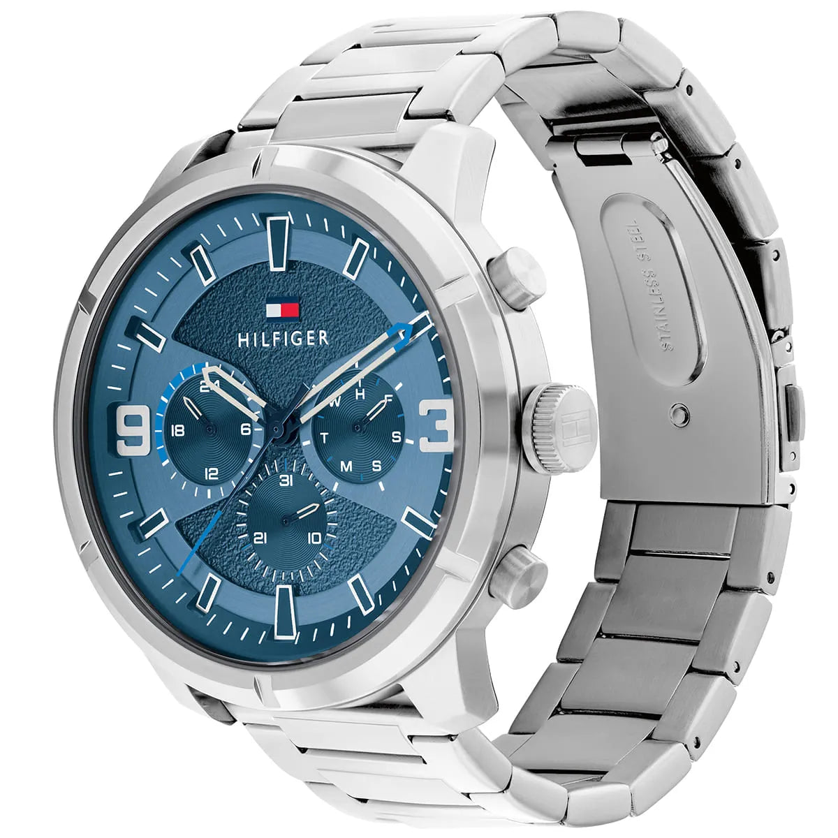 Tommy Hilfiger men's watch shown from side with blue dial and silver stainless steel strap detail