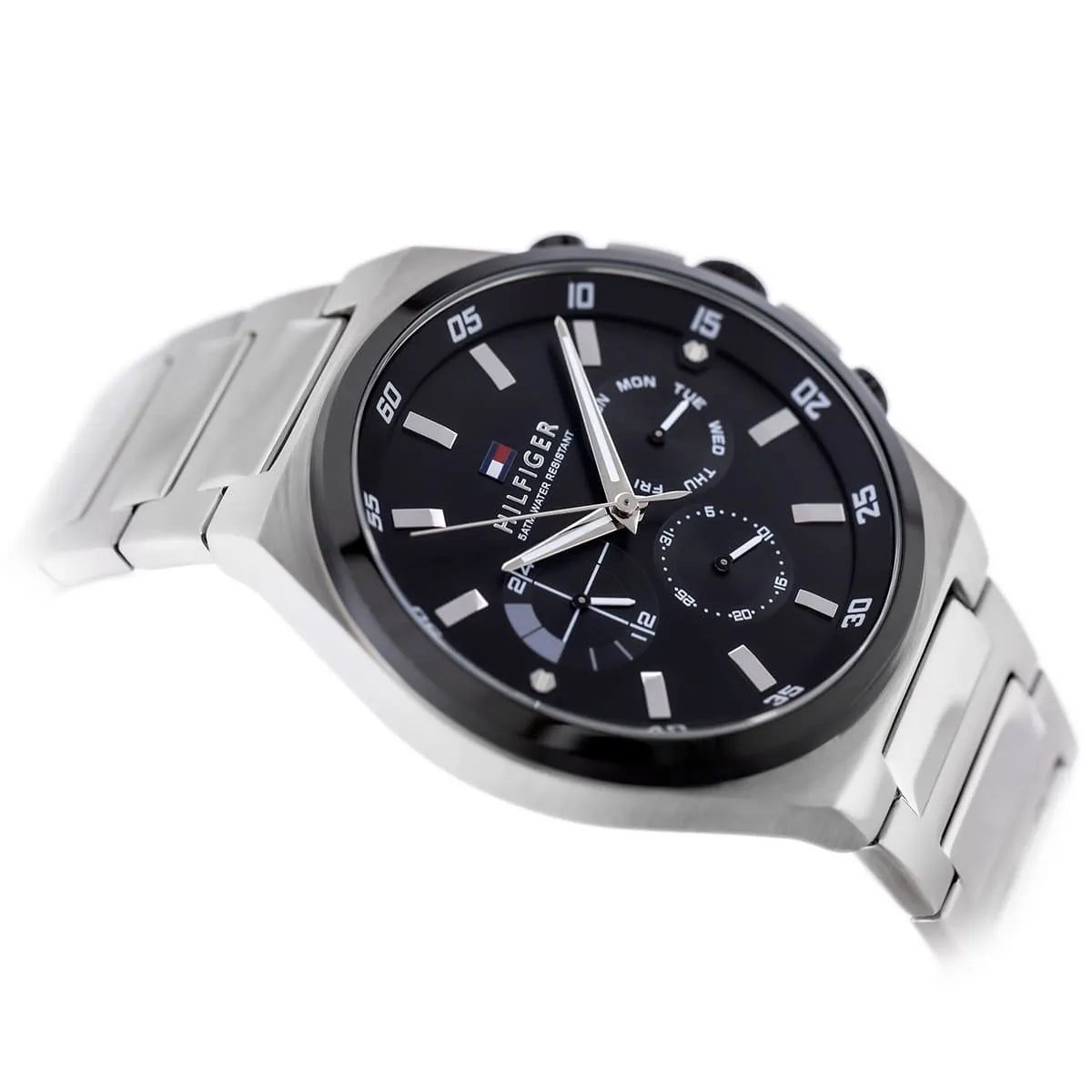 Side profile view of Tommy Hilfiger Dexter watch with black dial and stainless steel band