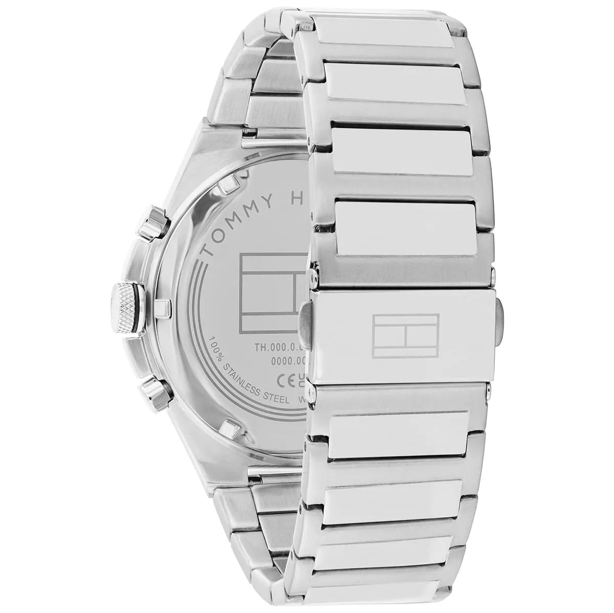Back view of Tommy Hilfiger Dexter watch stainless steel case with engraved branding