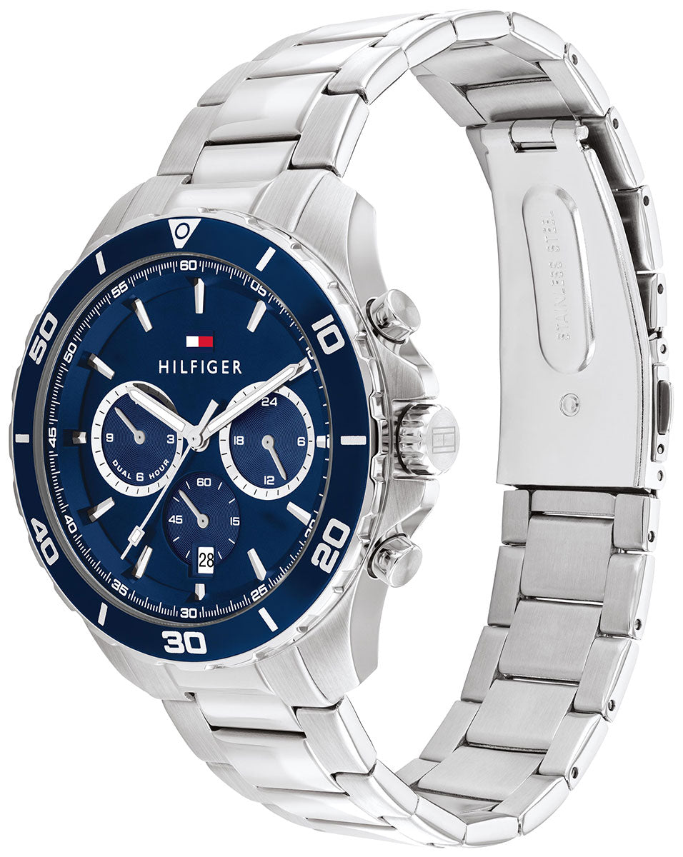 Side profile of Tommy Hilfiger Jordan watch showing silver steel bracelet and blue dial