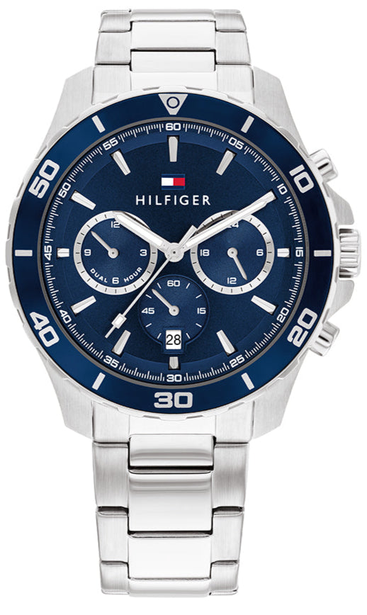 Tommy Hilfiger Jordan chronograph watch with blue dial and silver steel bracelet