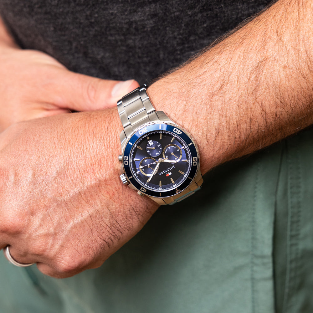 Tommy Hilfiger Jordan chronograph watch worn on wrist with silver steel bracelet