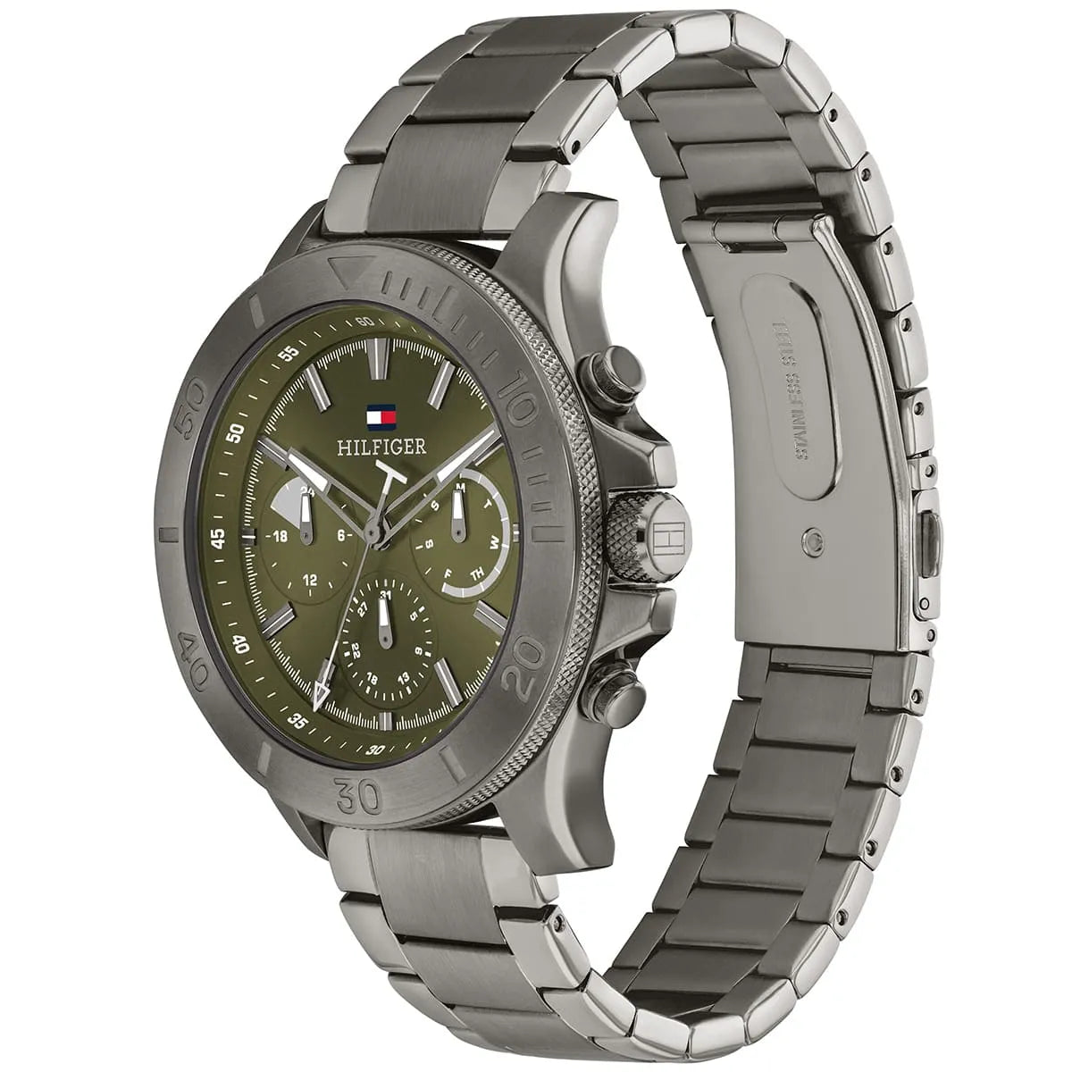 Side angle view of Tommy Hilfiger green dial watch showing grey stainless steel bracelet and case profile